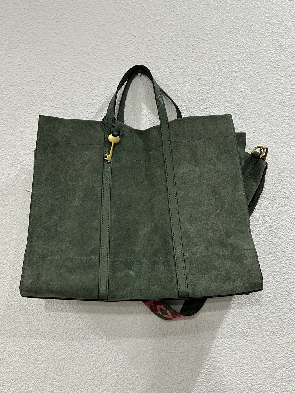 Fossil Dark Green Suede Tote with Key Charm